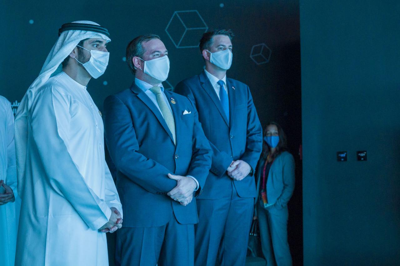 Le Prince Guillaume et le Prince héritier de Dubaï observe une projection