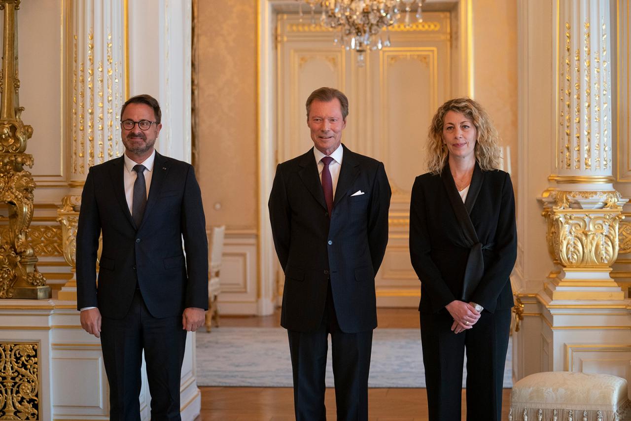 M. Xavier Bettel, S.A.R. le Grand-Duc, Mme Joëlle Welfring au Palais grand-ducal