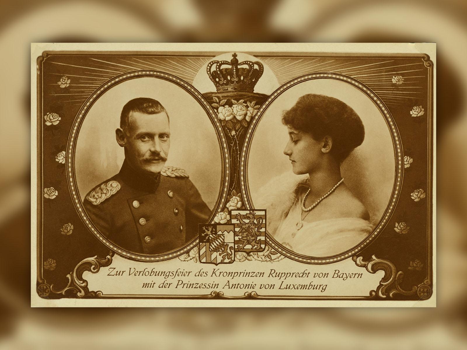 Carte postale de 1918 annonçant les fiançailles du Prince héritier de Bavière et de la Princesse Antonia