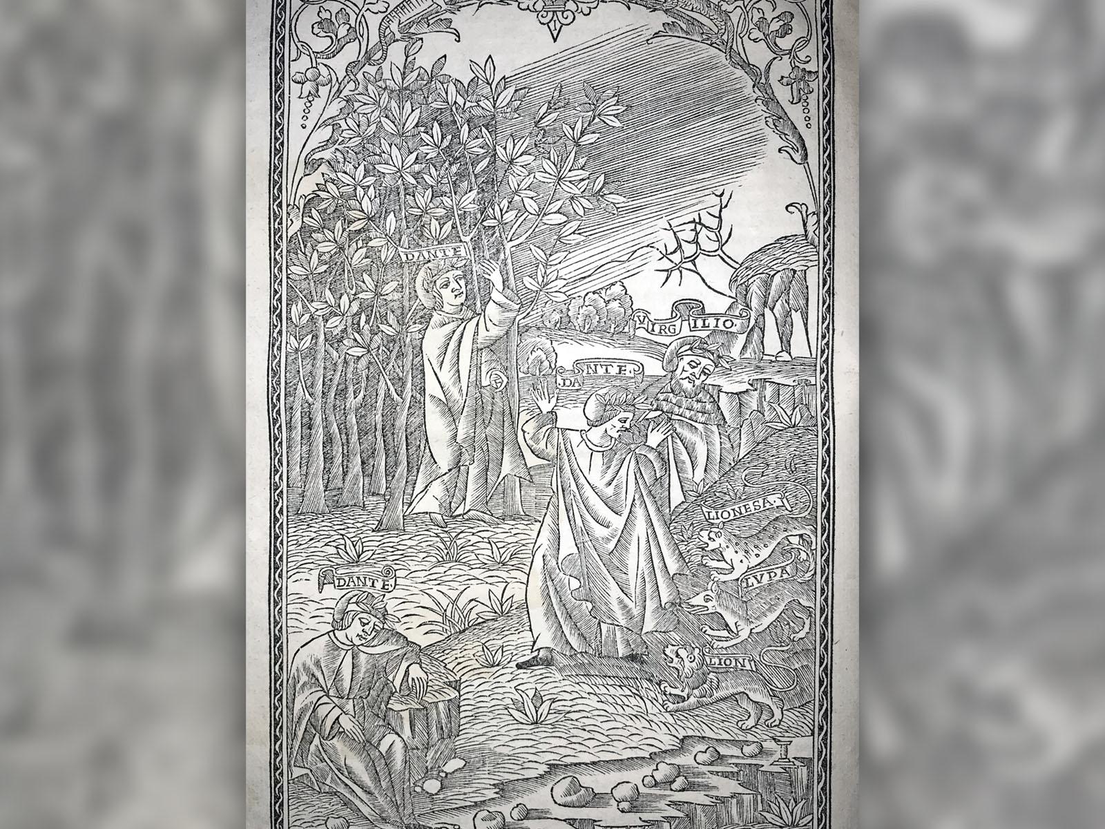 Illustration pleine page du premier chant de l'Enfer de Dante