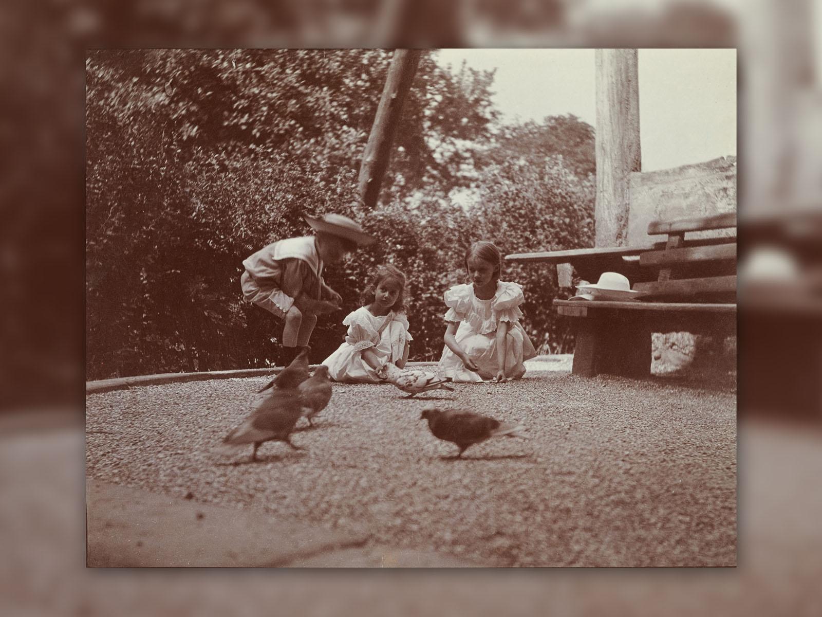Photographie de 1903 de la jeune Princesse Charlotte en train de nourrir les pigeons