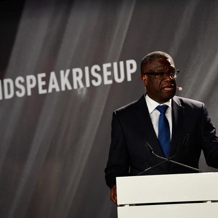 Dr. Mukwege's addressing the audience at the International Forum "Stand Speak Rise Up!