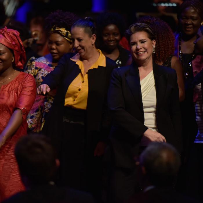 The Grand Duchess on stage with survivors at the International Forum "Stand Speak Rise Up!