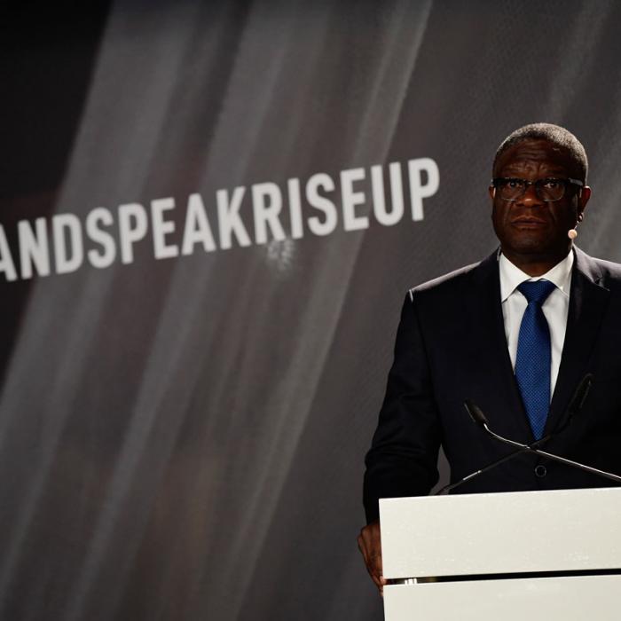 Dr. Mukwege's addressing the audience at the International Forum "Stand Speak Rise Up!