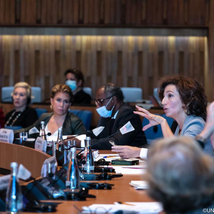 Audrey Azoulay s'exprime devant les participants à la réunion UNESCO