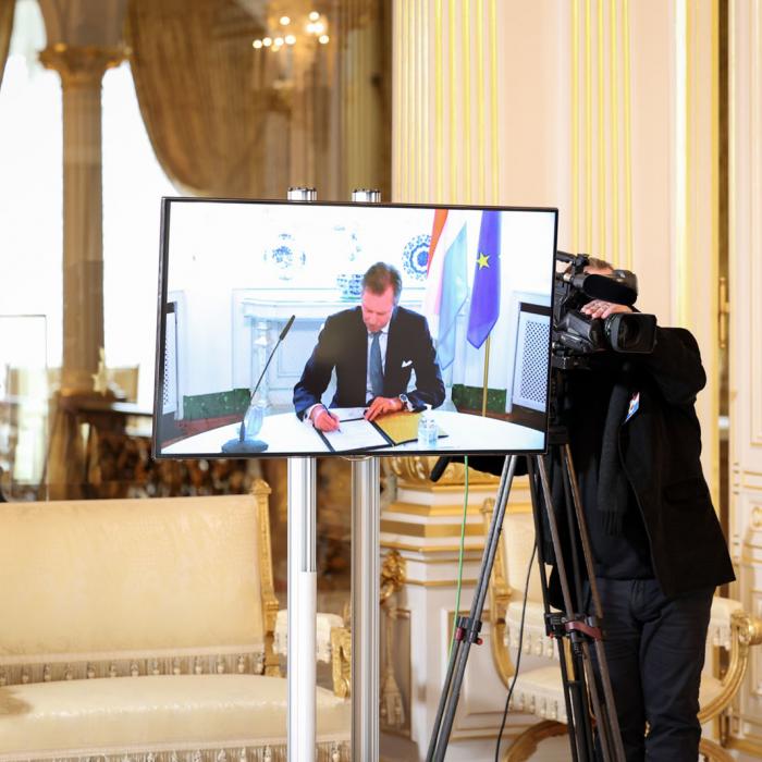 Le Grand-Duc apparaît dans un écran et signe un document