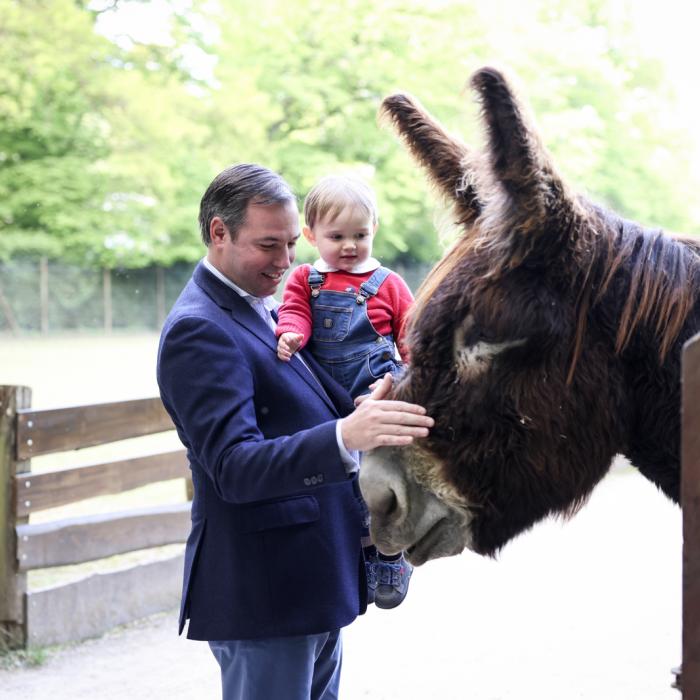 Le Prince héritier et le Prince Charles caressent un âne