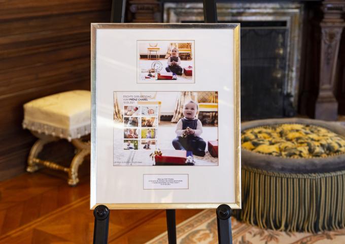 Le cadre souvenir avec des timbres spéciaux "Premier anniversaire du Prince Charles"