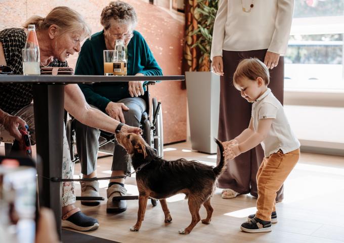 Le Prince Charles et une résidente jouent avec un chien